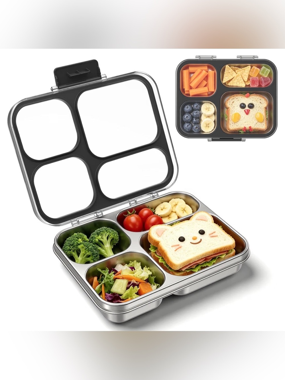 4-Compartment Stainless Steel Bento Lunch Box - Silver